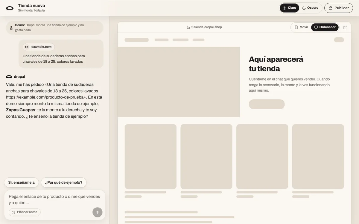 El primer mensaje enviado en el chat de Dropai, con el enlace de un producto, y la respuesta de Dropai