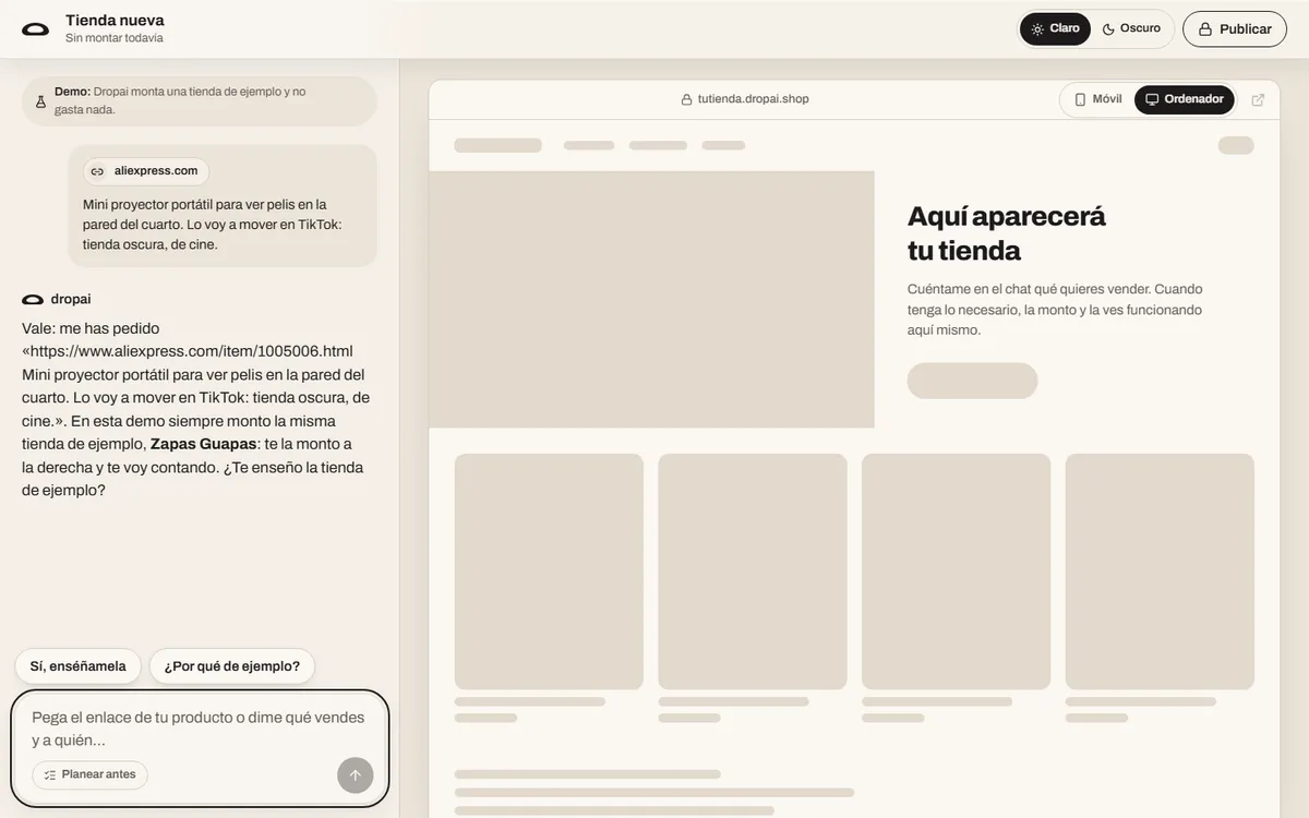 Dropai pregunta en el chat por la tienda antes de construirla, con respuestas rápidas debajo