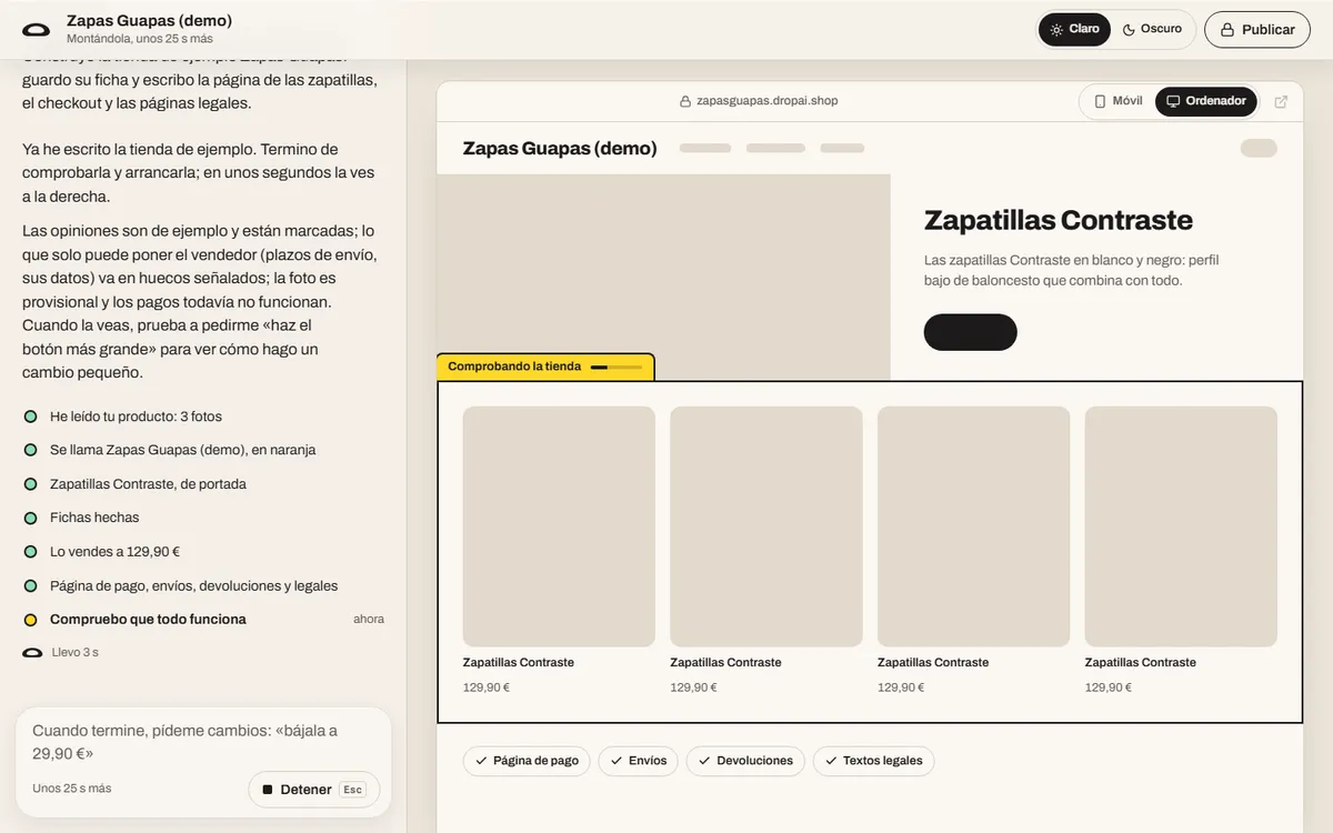 La tienda a medio montar en la vista previa, con el chat contando qué partes están hechas