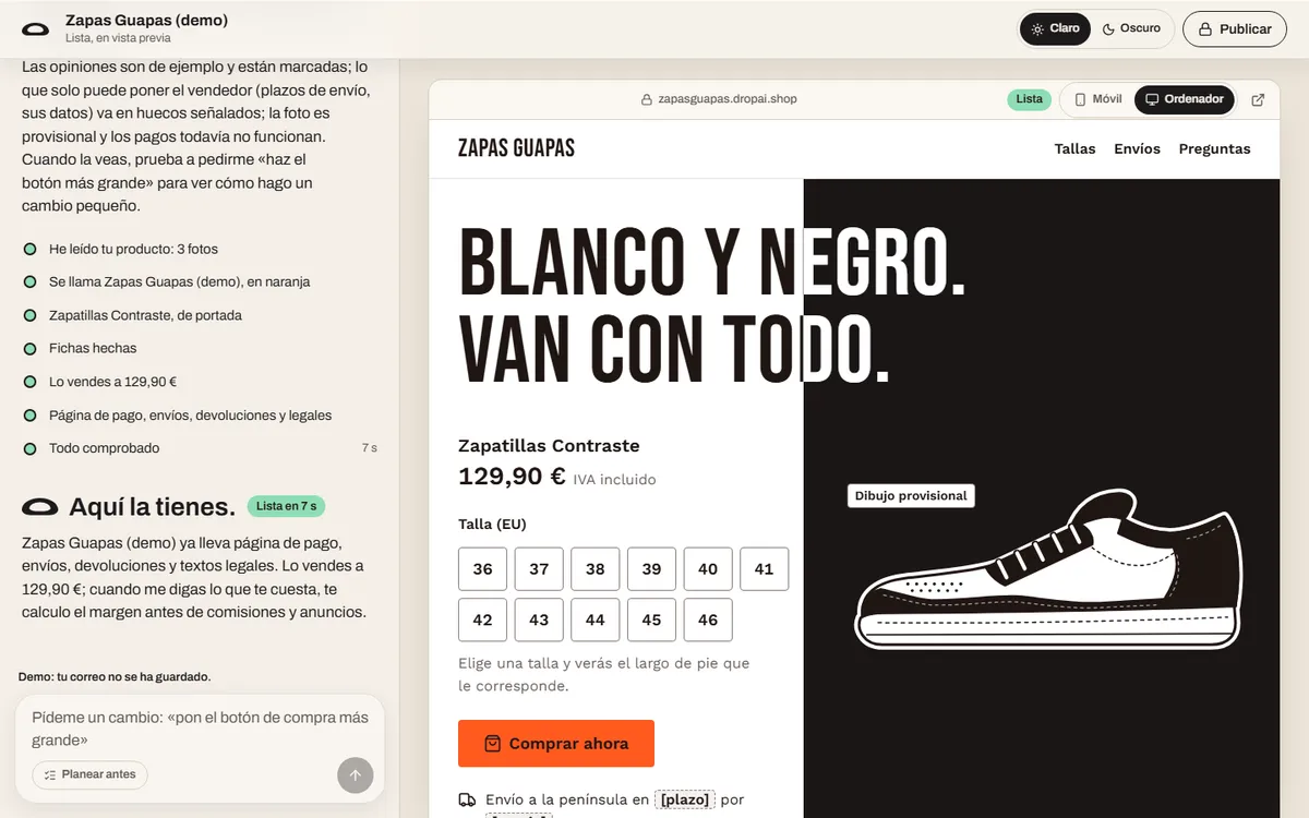 Una tienda de zapatillas terminada en la vista previa, con la ficha del producto, las tallas y el botón de compra