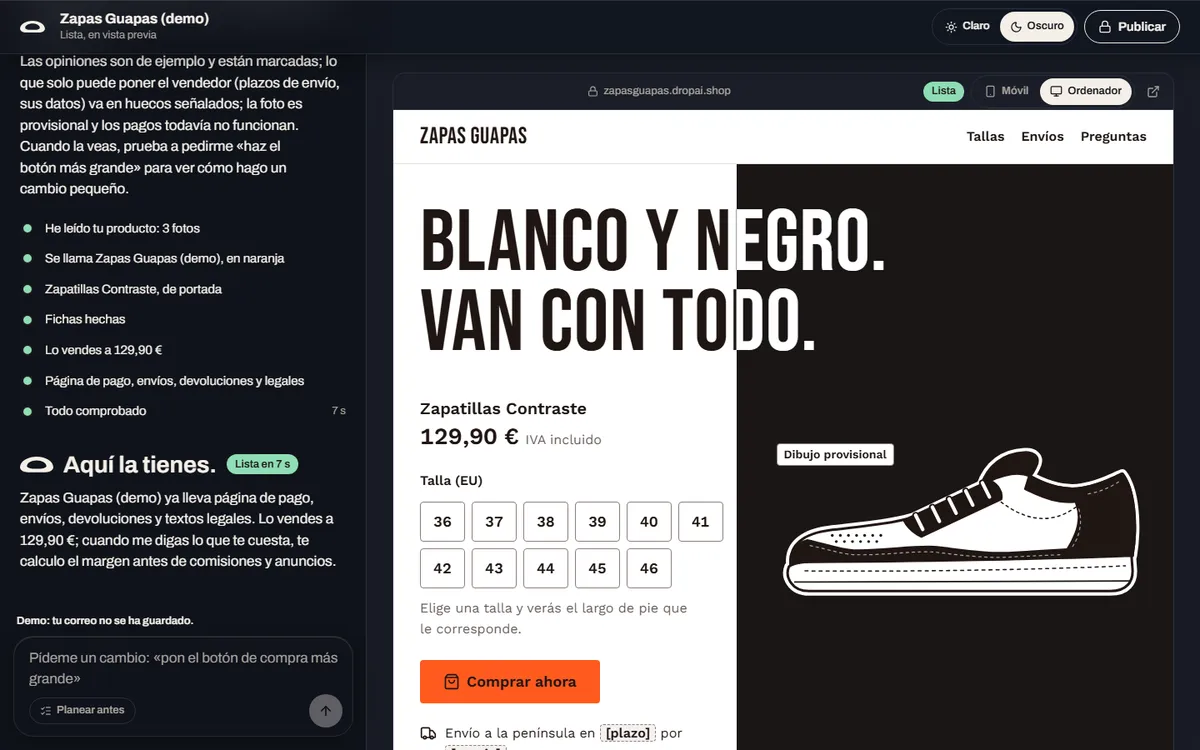 Una tienda de zapatillas terminada en la vista previa, con la ficha del producto, las tallas y el botón de compra