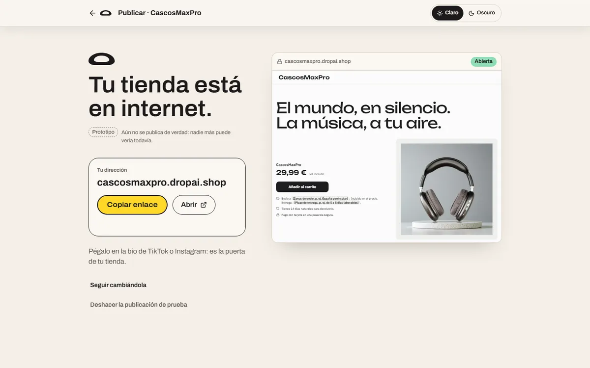 Prototipo de la pantalla final de publicar: «Tu tienda está en internet», con su dirección de ejemplo y los botones Copiar enlace y Abrir