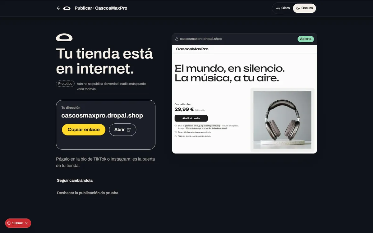 Prototipo de la pantalla final de publicar: «Tu tienda está en internet», con su dirección de ejemplo y los botones Copiar enlace y Abrir